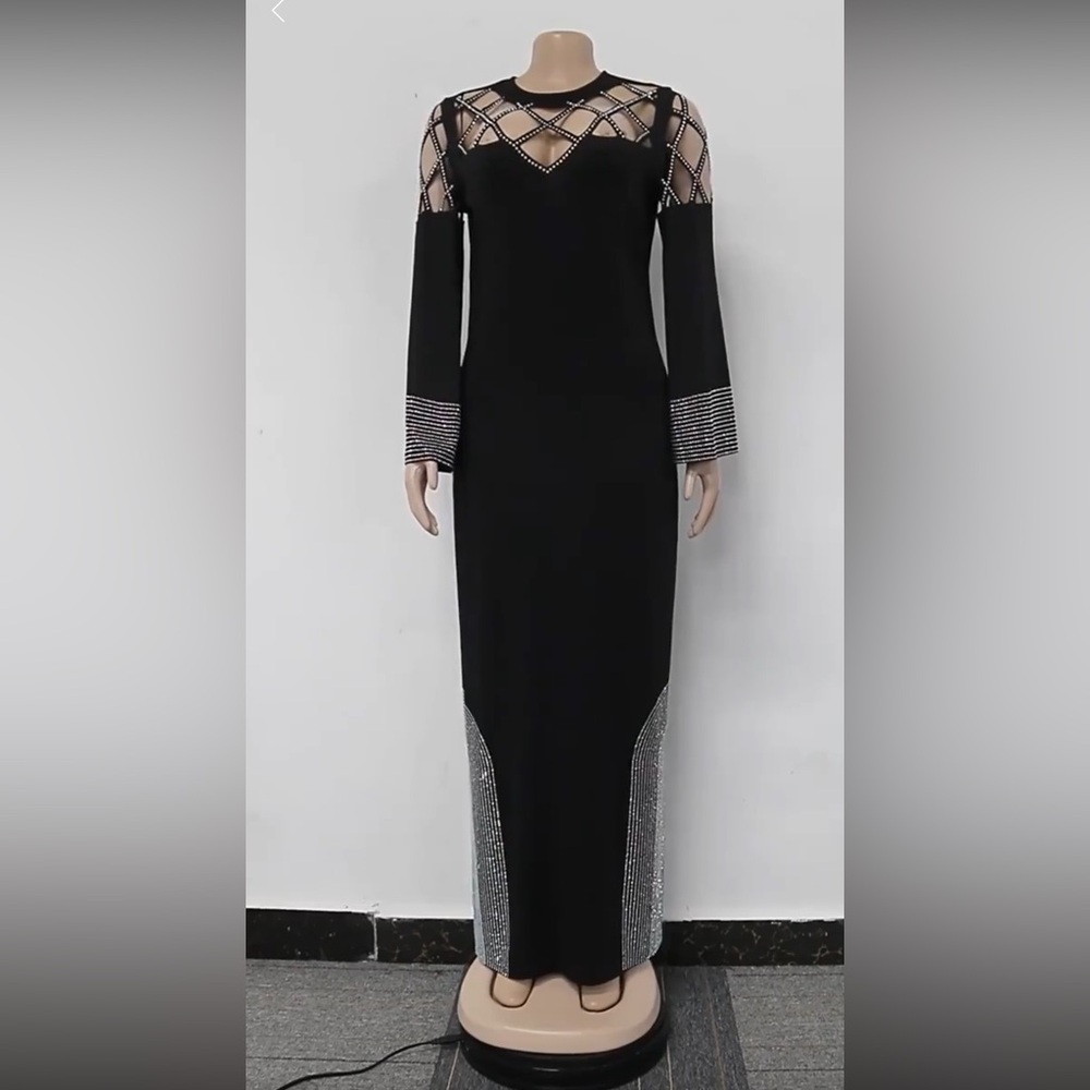 #299 Elegant Black Diamonds Patchwork Hollow out Long Sleeve Dress